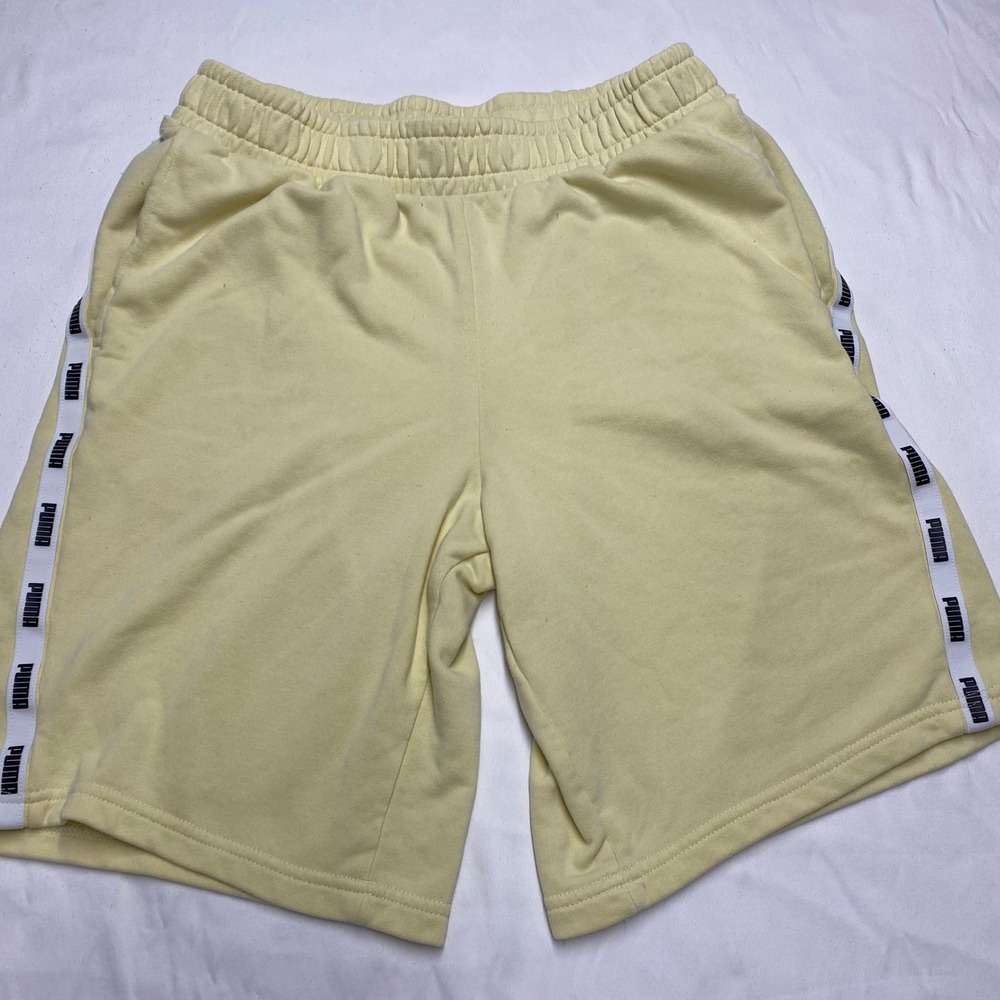 Puma Mens Pale Yellow Logo Tape Fleece Sweat Shorts Size Medium Athletic Casual